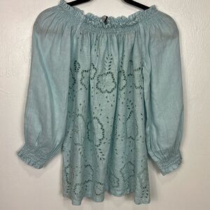 Haris Cotton Linen Off The Shoulder Eyelet Embroidered Blouse Top Size M